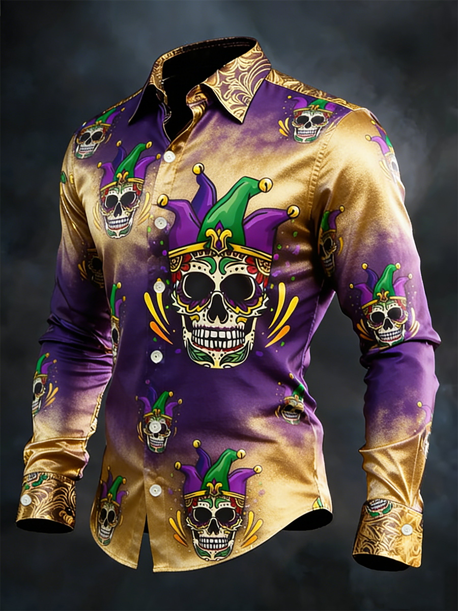Men's Mardi Gras Carnival Skull Long-Sleeve Shirt