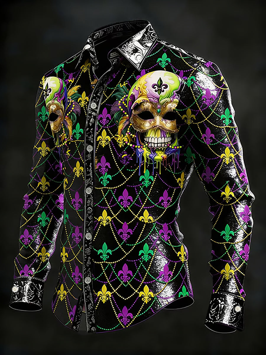 Men's Mardi Gras Carnival Skull Long-Sleeve Shirt