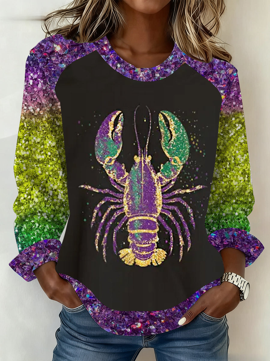 Women's Mardi Gras Crawfish Print  Round-Neck Sweatshirt