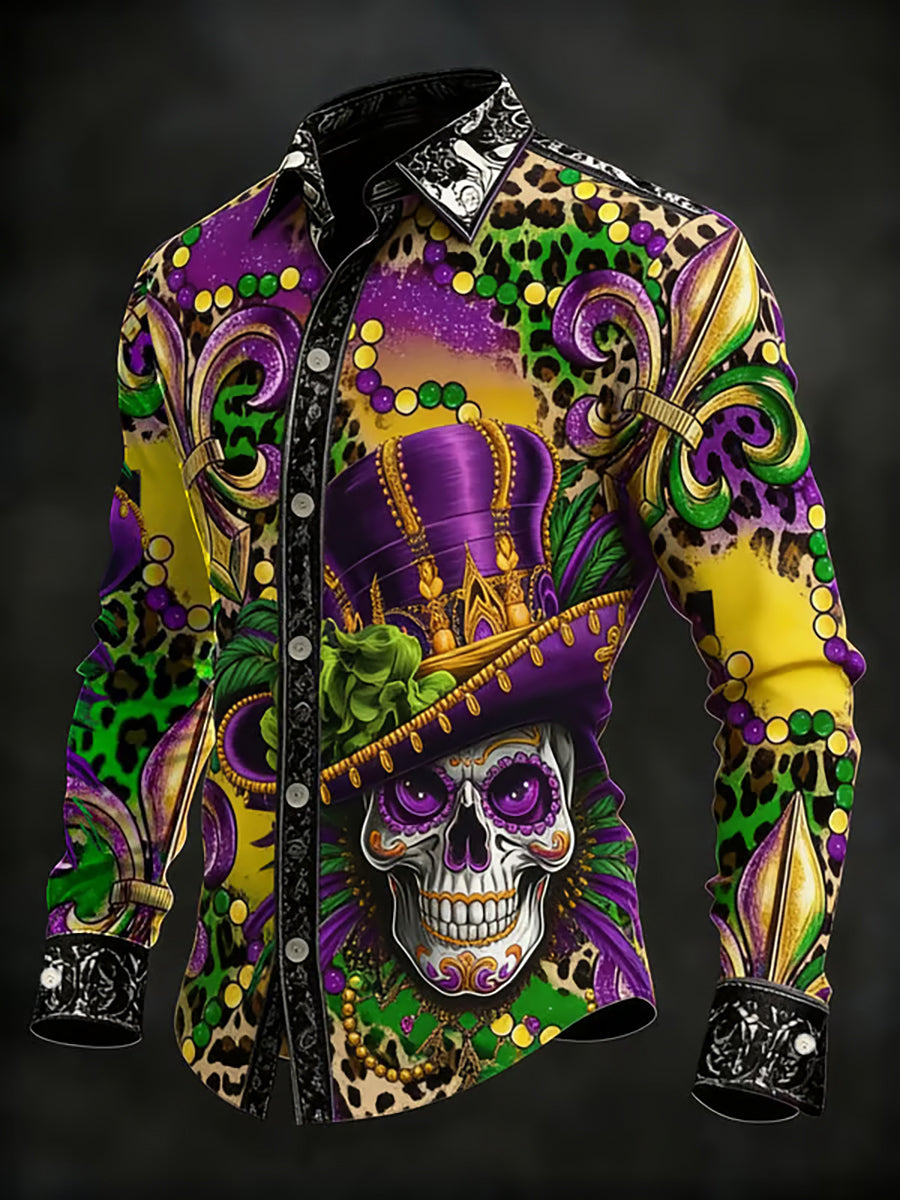 Men's Mardi Gras Carnival Skull Long-Sleeve Shirt