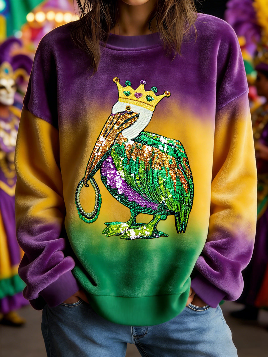 Women's Mardi Gras Pelican Gradient Print Casual Flannel Sweatshirt