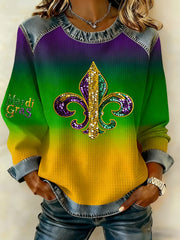 Women's Mardi Gras Printed Denim Patchwork Top