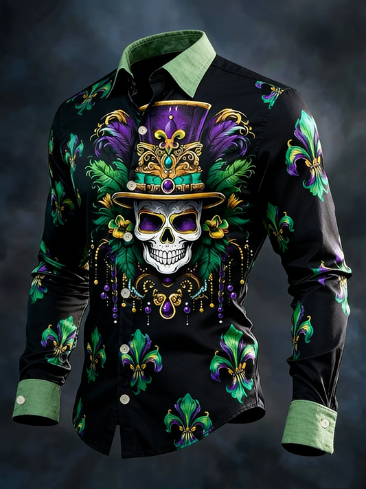 Men's Mardi Gras Carnival Skull Long-Sleeve Shirt