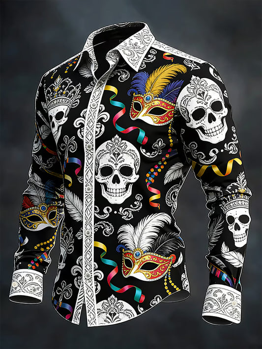 Men's Mardi Gras Carnival Skull Long-Sleeve Shirt
