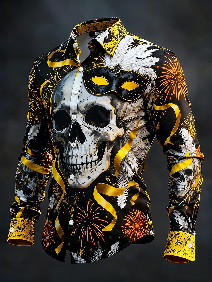 Men's Mardi Gras Carnival Skull Long-Sleeve Shirt