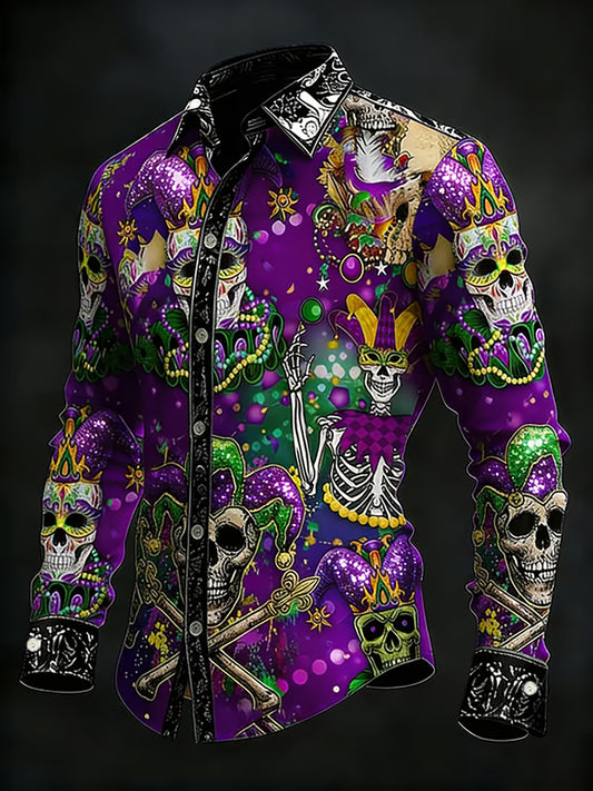Men's Mardi Gras Carnival Skull Long-Sleeve Shirt