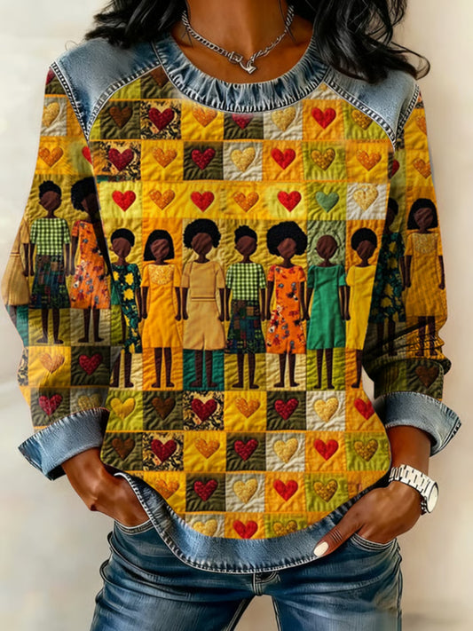 Women's Black Women Portrait Art Print Denim Patchwork Top