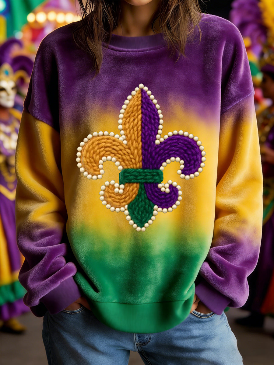 Women's Mardi Gras Fleur De Lis Gradient Print Casual Flannel Sweatshirt