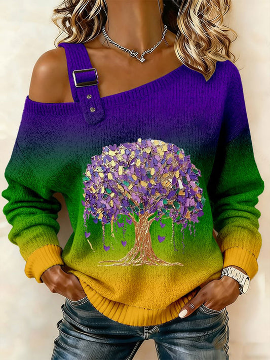 Women’s Mardi Gras Tree Design Print Off-Shoulder Top