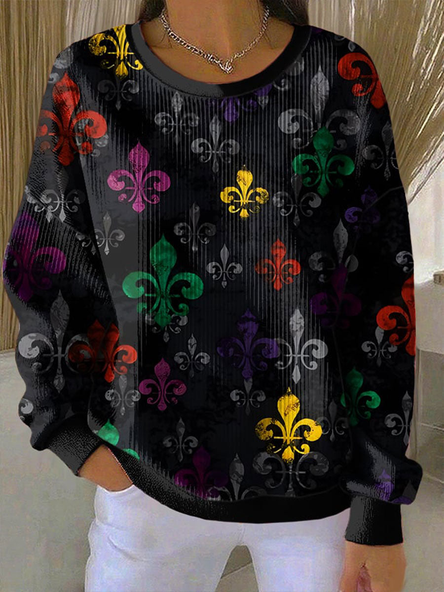 Women's Retro Mardi Gras Print Ribbed Round-Neck Sweatshirt