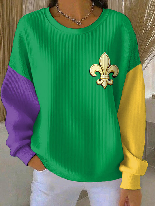 Women's Mardi Gras Fleur De Lis Colorblock Print Casual Sweatshirt