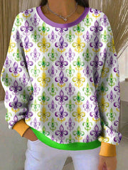 Women's Retro Mardi Gras Print Ribbed Round-Neck Sweatshirt