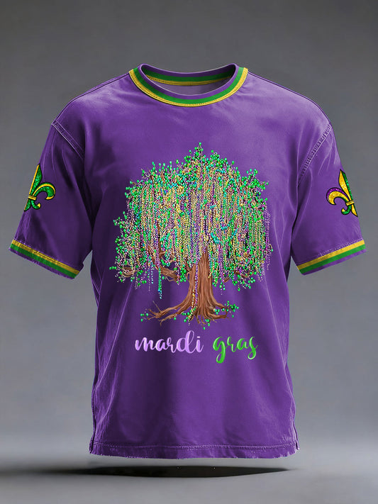 Men's Mardi Gras Beads Tree Fleur De Lis Print Casual Tee
