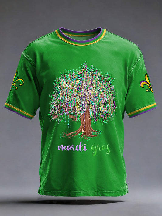 Men's Mardi Gras Beads Tree Fleur De Lis Print Casual Tee