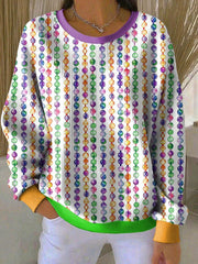 Women's Retro Mardi Gras Print Ribbed Round-Neck Sweatshirt