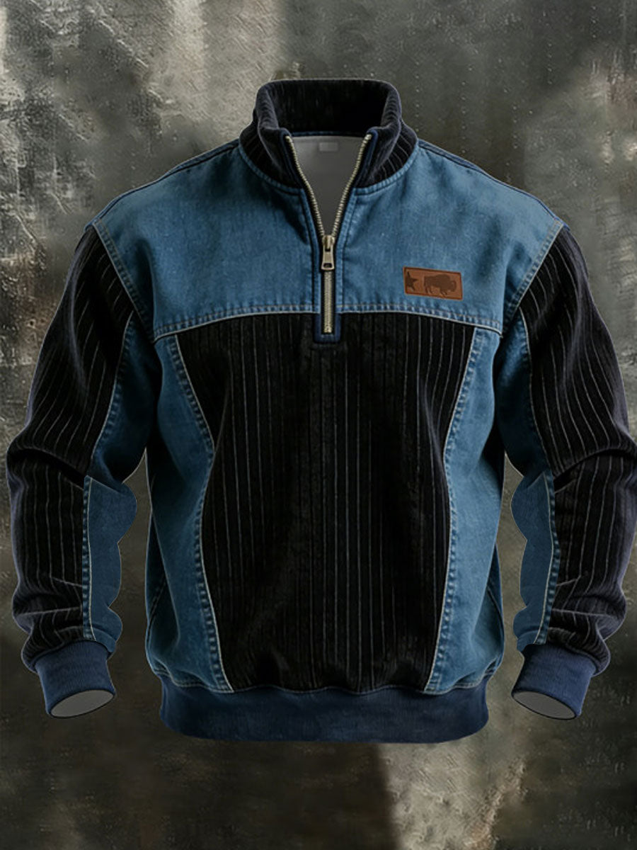 Men's Vintage Patchwork Quarter Zip Sweatshirt
