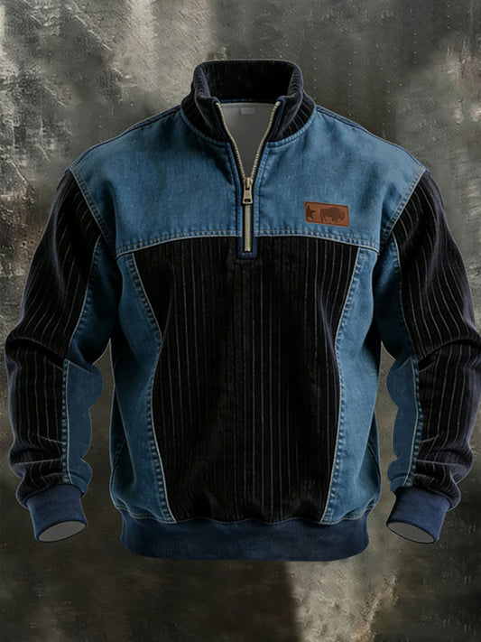 Men's Vintage Patchwork Quarter Zip Sweatshirt