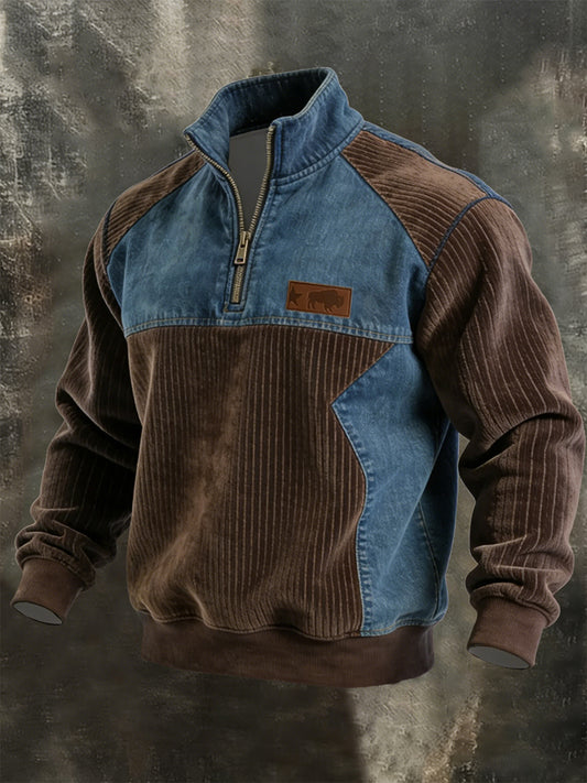 Men's Vintage Patchwork Quarter Zip Sweatshirt