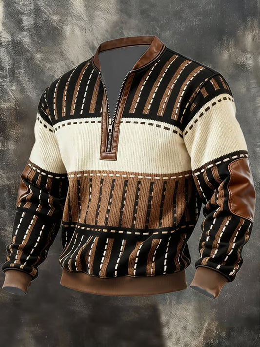 Men'S Casual Retro Contrast Color Half Zip Long Sleeve Sweatshirt