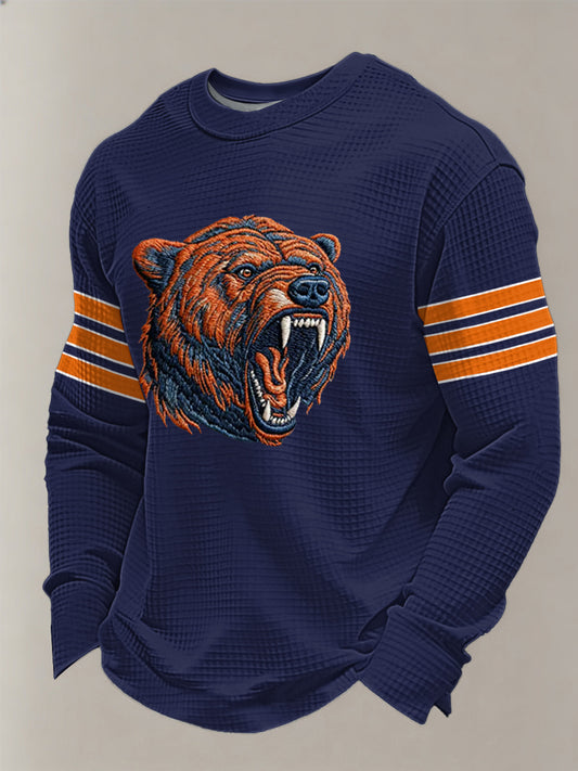 Men's Bear Print Football Fans Gameday Casual Waffle Long Sleeve T-Shirt