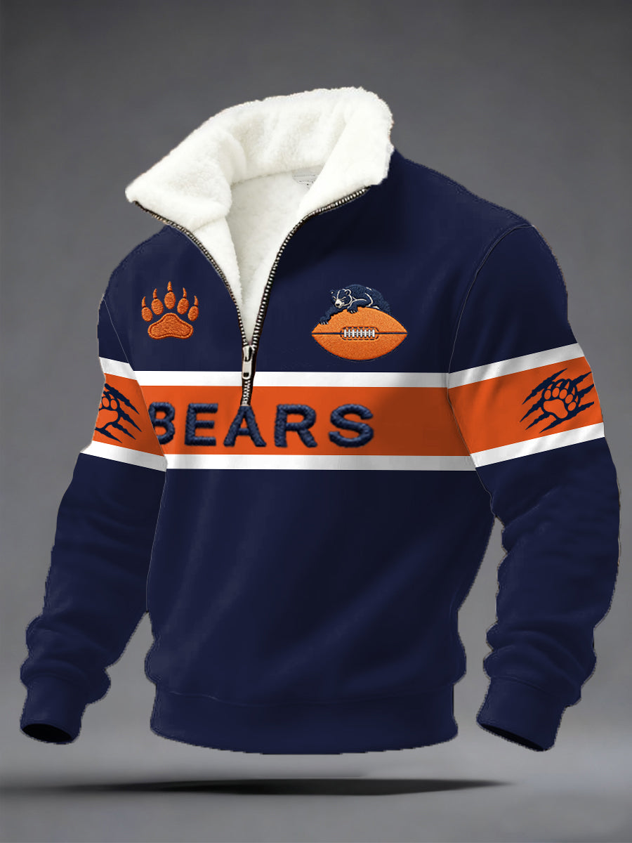 Men's Bears Print Football Fans Gameday Casual Plush Pullover