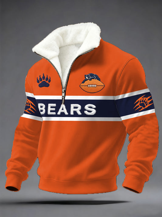 Men's Bears Print Football Fans Gameday Casual Plush Pullover