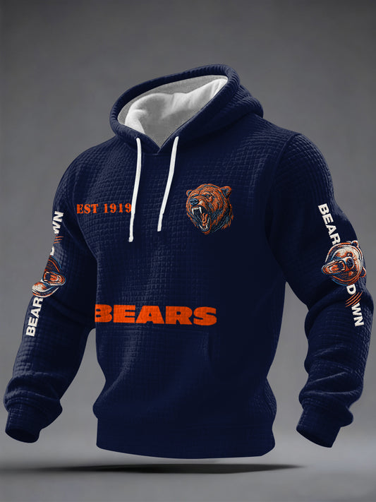 Men's Bears Print Football Fans Gameday Casual Waffle Checkered Hoodie
