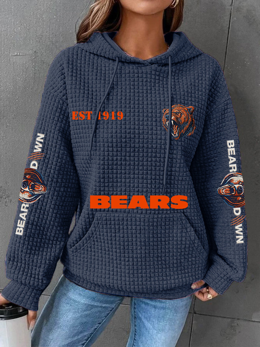 Women's Bears Print Football Fans Gameday Casual Waffle Hoodie