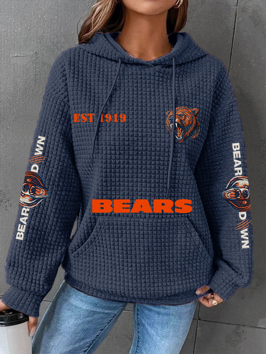 Women's Bears Print Football Fans Gameday Casual Waffle Hoodie