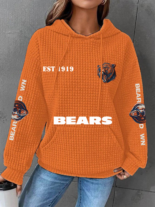 Women's Bears Print Football Fans Gameday Casual Waffle Hoodie