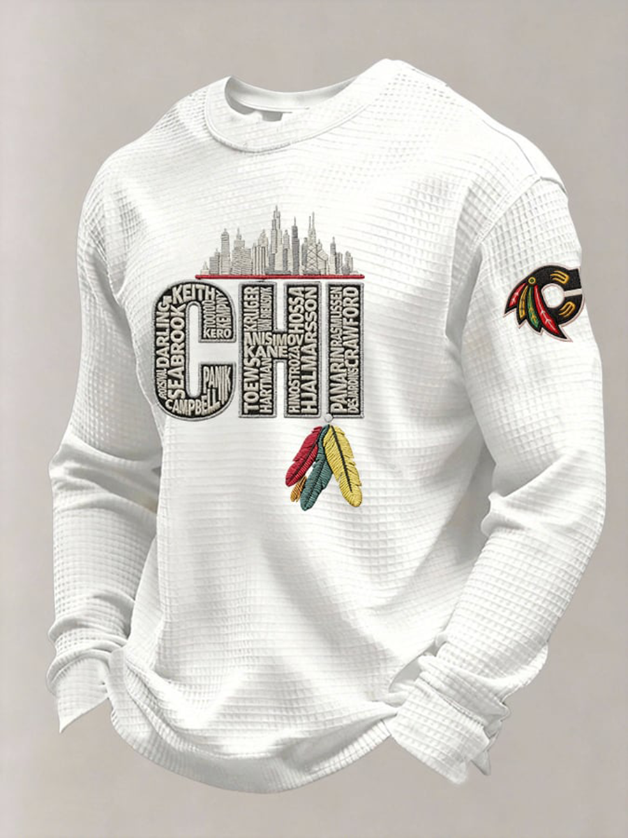 Men's Vintage Hockey Print Waffle Crewneck Sweatshirt