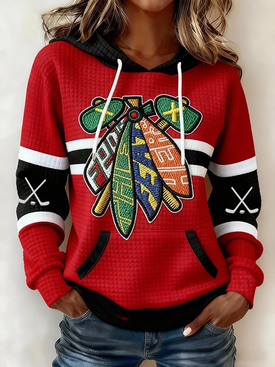 Women's Vintage Hockey Print Large-sized Hooded Sweatshirt