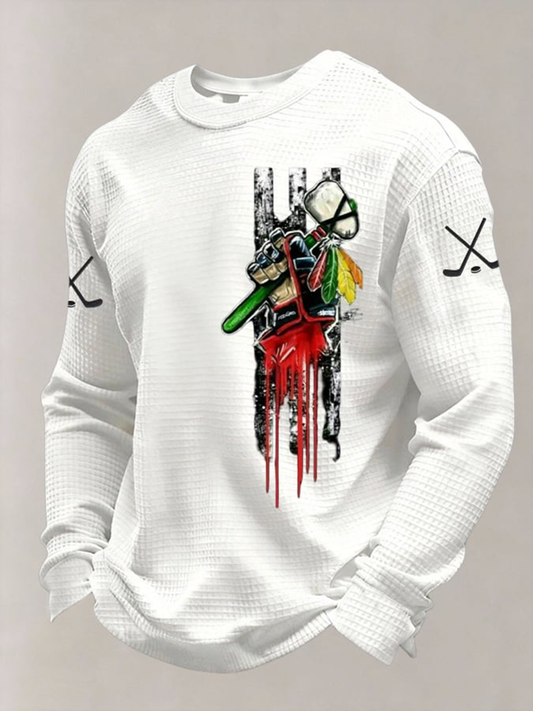 Men's Vintage Hockey Print Waffle Crewneck Sweatshirt