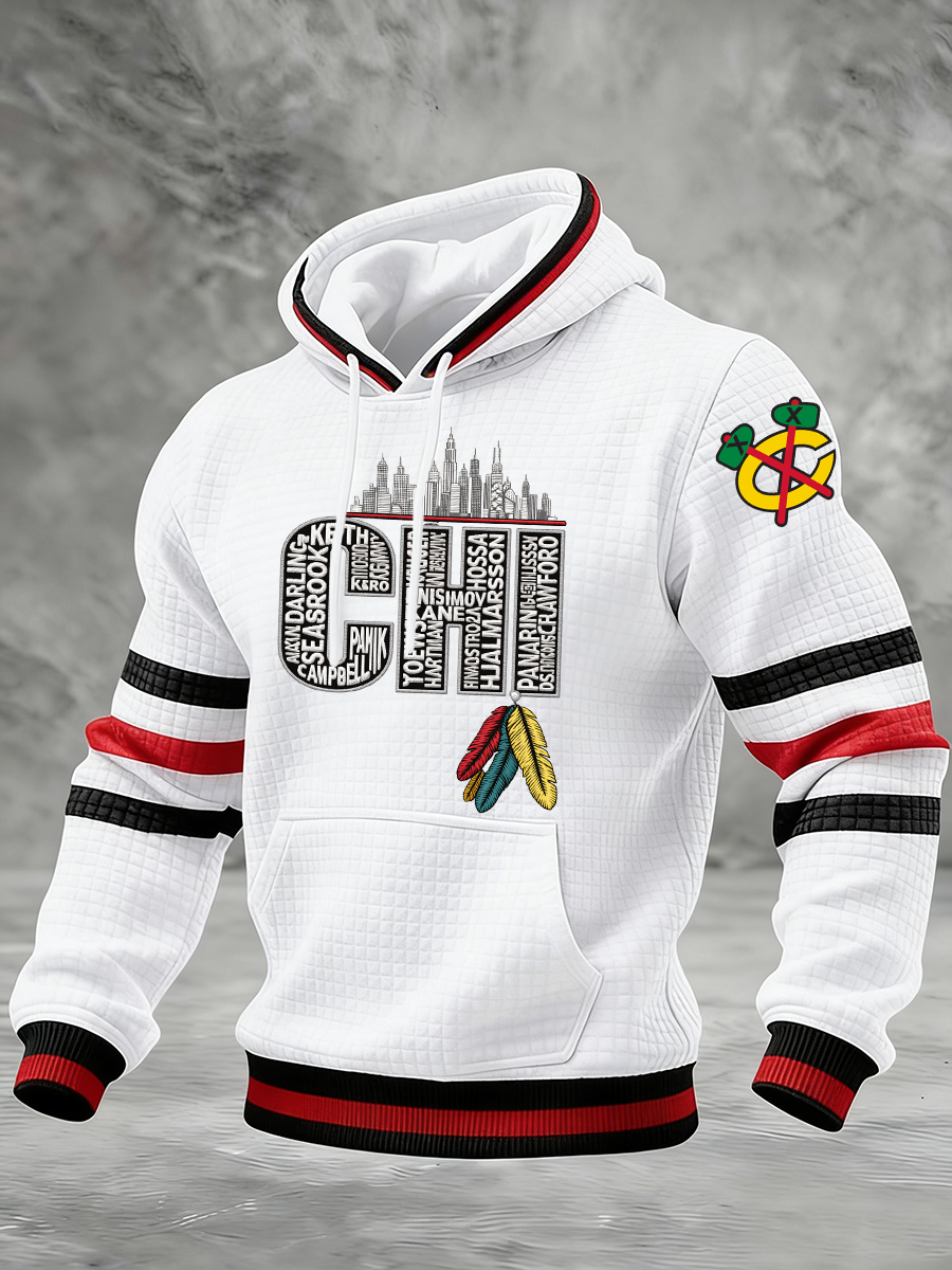 Men's Vintage Hockey Print Checkered Cotton Hoodie