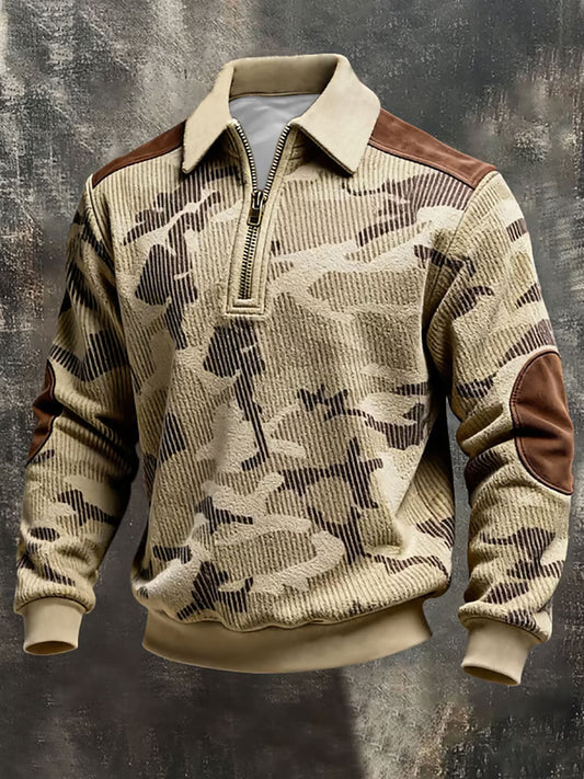 Men's Retro Color Block Print  Zip-Up Sweatshirt