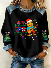 Women's Puerto Rico Christmas Printed Denim Patchwork Top
