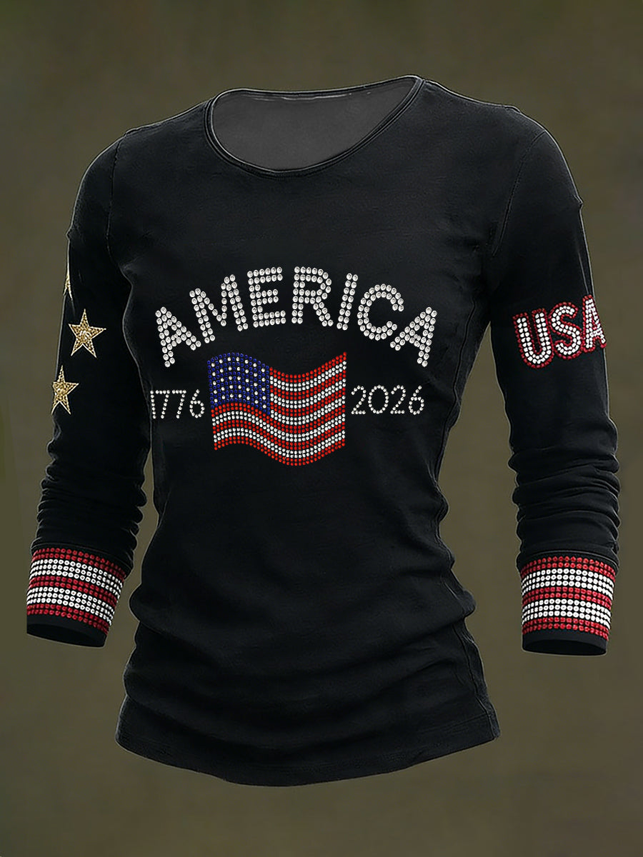 Women's America 1776-2026 Rhinestone Pattern Long-Sleeved Top