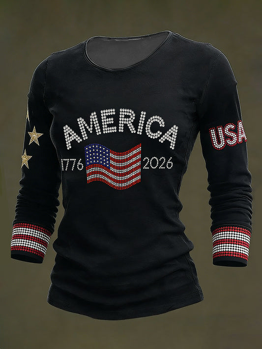 Women's America 1776-2026 Rhinestone Pattern Long-Sleeved Top