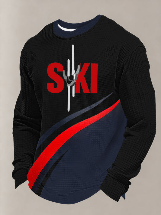 Men's Winter Sports 2026 Skiing Print Waffle Long Sleeve Sweatshirt