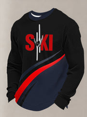 Men's Winter Sports 2026 Skiing Print Waffle Long Sleeve Sweatshirt