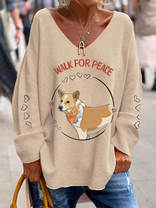Women's Walk For Peace Printed V-Neck Casual Long Sleeve Shirt