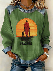 Women's Walk For Peace Monks With Aloka Denim Patchwork Top