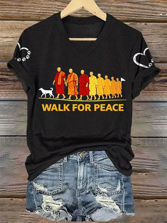 Women's Retro Walk For Peace Monks With Aloka Dog Printed V-neck T-shirt