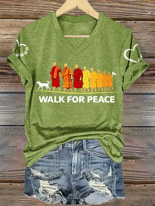 Women's Retro Walk For Peace Monks With Aloka Dog Printed V-neck T-shirt