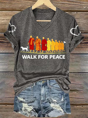 Women's Retro Walk For Peace Monks With Aloka Dog Printed V-neck T-shirt
