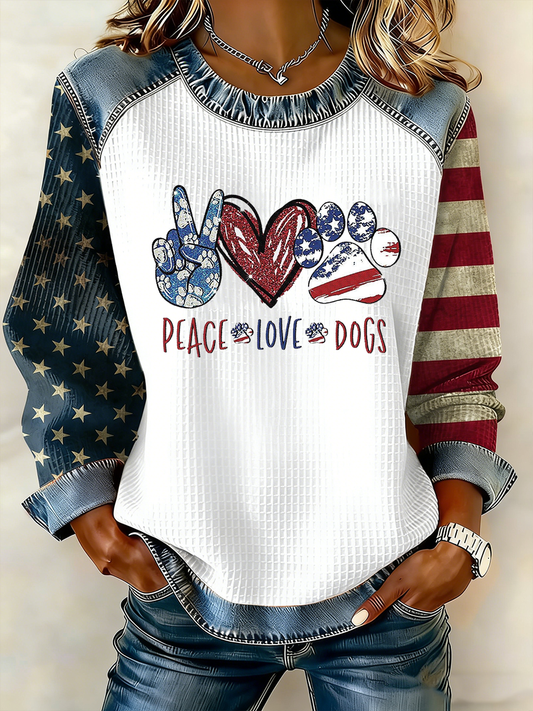 Women's Peace Love Dogs Walk For Peace  Denim Patchwork Top