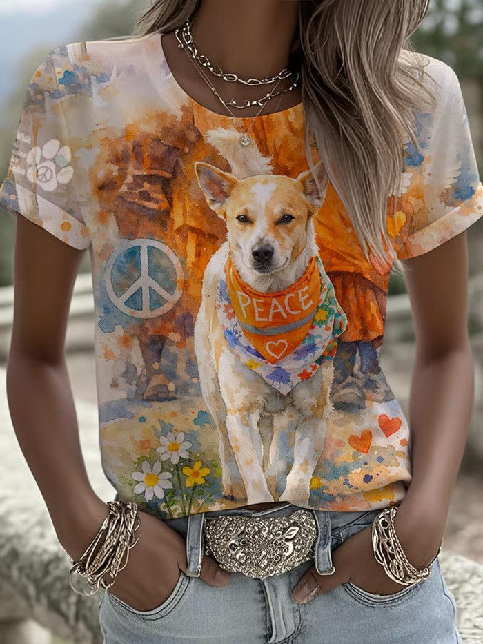Women's Walk For Peace Monks With Aloka Dog Printed T-shirt