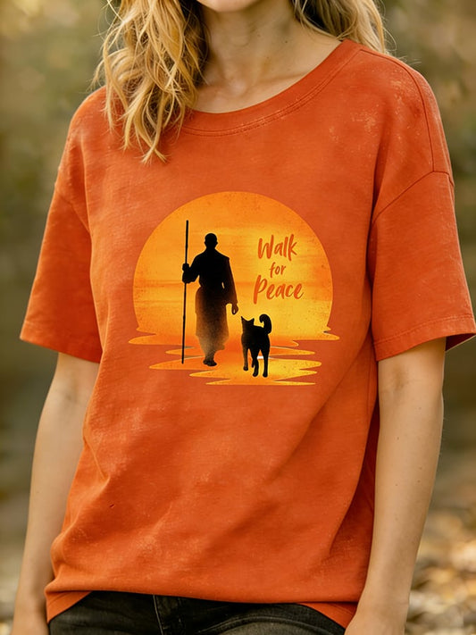 Women's Walk For Peace Monks With Aloka Dog Printed T-shirt