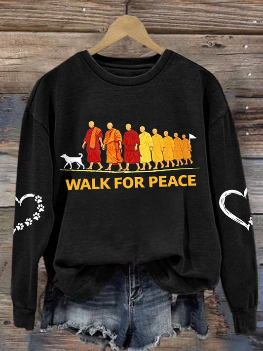 Women's Walk For Peace Monks With Aloka Dog Printed Sweatshirt