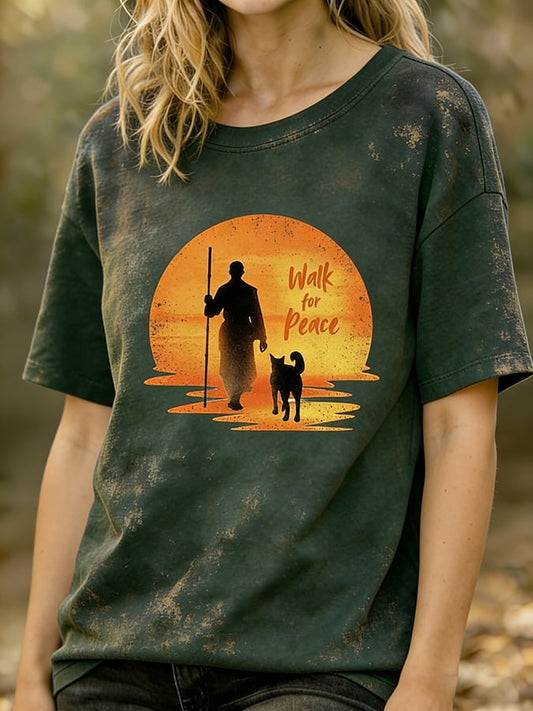 Women's Walk For Peace Monks With Aloka Dog Printed T-shirt